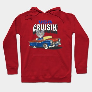 Humorous funny and cute gray tabby kitty cat cruisin' the USA with a vintage classic retro car tee Hoodie